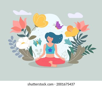 Woman meditating in nature with plants flowers and leaves. Concept illustration for yoga, meditation, relax, recreation, healthy lifestyle. Vector illustration in flat cartoon style