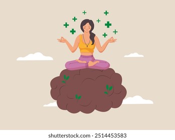 Woman meditating in nature with sun, moon on side. Concept illustration for yoga, meditation, relax, recreation, healthy lifestyle. Vector illustration in flat cartoon style.