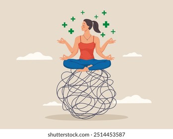 Woman meditating in nature with sun, moon on side. Concept illustration for yoga, meditation, relax, recreation, healthy lifestyle. Vector illustration in flat cartoon style.