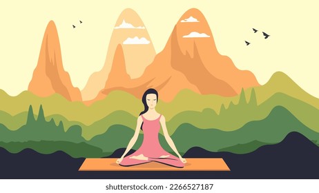 Woman meditating in nature vector illustration. Concept illustration for yoga, meditation, recreation, healthy lifestyle. Girl sits in the lotus position doing yoga for stress relief and relaxation.