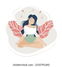 Woman meditating in nature and walking away. Conceptual illustration for yoga, meditation, relaxation, rest, healthy living. Flat cartoon style vector illustration