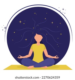 A woman meditating near the stars at night and sitting on a rug. Illustration for yoga, meditation, and healthy lifestyle. Vector illustration in flat cartoon style.