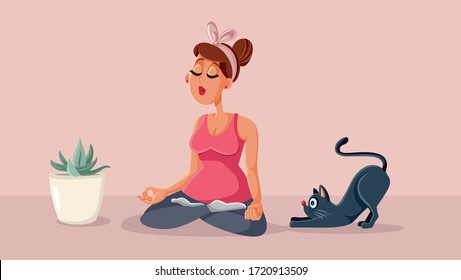 Woman Meditating Next to Her Cat Vector Cartoon. Calm girl relaxing and doing exercise at home
