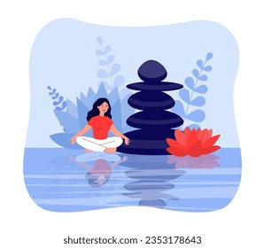 Mujer meditando junto a la ilustración vectorial de piedras Zen. Muchacha feliz haciendo yoga con lotos en agua, respirando profundamente y practicando la atención. Regulación emocional, concepto de meditación