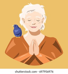 Woman meditating and offering prayers with beautiful bird sitting on her shoulder. Spirituality, thankfulness, peace, serenity, mindfulness concept illustration vector.
