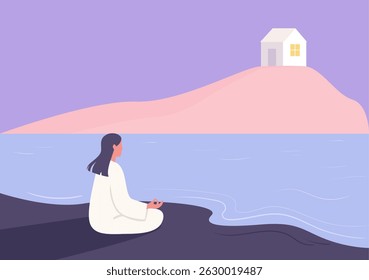 A woman meditating on the beach, looking towards a small house on a hill, suggesting a peaceful and serene moment of Mindfulness Practice, Stress management, Mental Health and Emotional healing.