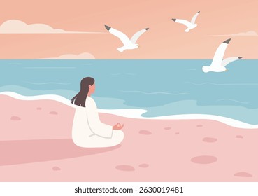 A woman meditating on the beach while seagulls fly overhead. Mindfulness Practice, Stress management, Mental Health and Emotional healing.