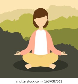 woman meditating on mountain vector