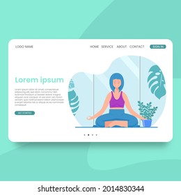 Woman meditating on nature. landing page Concept illustration for yoga, meditation, healthy lifestyle. Vector illustration in flat cartoon style
