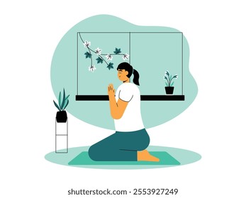 Woman meditating on yoga mat, kneeling with palms in front of chest in prayer position indoors in a quiet room with potted houseplants and vines on the window, vector illustration.