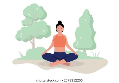 Woman meditating outdoors - Female person sitting in meditation position relaxing, feeling calm and peaceful in park or forest alone. Simple flat design vector illustration on white background