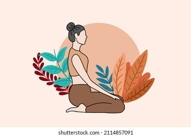 Woman meditating in peaceful nature illustration, yoga and healthy lifestyle concept, flat cartoon design