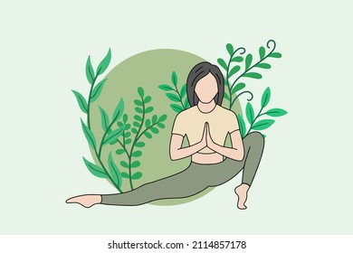 Woman meditating in peaceful nature illustration, yoga and healthy lifestyle concept, flat cartoon design