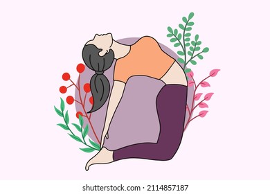 Woman meditating in peaceful nature illustration, yoga and healthy lifestyle concept, flat cartoon design