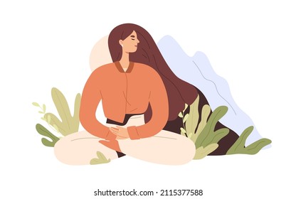 Woman Meditating. Peaceful Person During Meditation, Yoga And Spiritual Practice. Female Relaxing In Lotus Pose. Harmony, Zen, Awareness Concept. Flat Vector Illustration Isolated On White Background