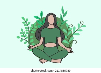 Woman meditating in peaceful yoga and healthy lifestyle Meditation People Pose Spiritual Relax flat cartoon design