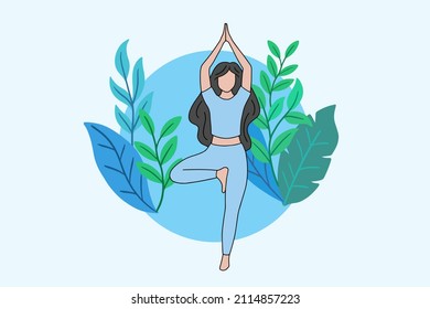 Woman Meditating In Peaceful Yoga And Healthy Lifestyle Meditation People Pose Spiritual Relax Flat Cartoon Design