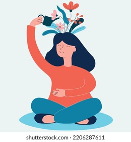 Woman meditating in peaceful yoga and healthy lifestyle Meditation, Spiritual Relax flat cartoon art design