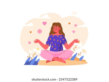 Uma mulher meditando pacificamente em um cenário floral cercado por corações e flores. Calmo e vibrações serenas. Ilustração vetorial