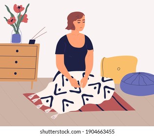 Woman meditating and performing breath control exercises on floor at home. Peaceful relaxed person practicing yoga, mindfulness meditation at home. Colored flat vector illustration