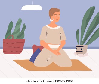 Woman meditating and performing breath control exercises in full lotus posture on mat. Peaceful relaxed yogi practicing yoga and mindfulness or vipassana meditation. Colored flat vector illustration