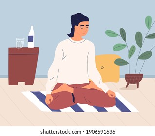 Woman meditating and performing breath control exercises in full lotus posture on floor. Relaxed yogi practicing yoga and vipassana meditation on mat at home. Colorful flat vector illustration