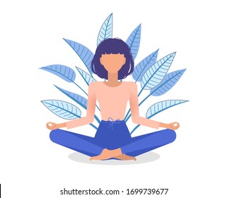 Woman meditating in plant leaves. Girl in lotus pose practicing yoga.
Concept illustration of relaxing, harmony and healthy lifestyle. Vector illustration in flat style.