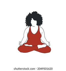 Woman meditating. Plus size woman sitting in lotos pose. Yoga. Hand drawn female outline silhouette. Spiritual concept. 