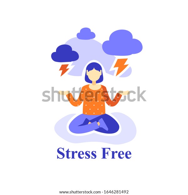 女性の瞑想の練習 ストレスフリー 感情コントロール 嫌な感情を抑える メンタルヘルス ポジティブな思考 ハスポーズヨガ 自意識 生のバランス ベクターフラットイラスト のベクター画像素材 ロイヤリティフリー