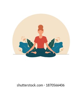 Woman meditating, practicing yoga around leaves, enjoying meditation. Illustration for yoga, meditation, relax, balance, healthy lifestyle. Stay home concept. Vector illustration in flat cartoon style