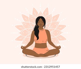Woman meditating, practicing yoga. Vector illustration.
