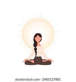 Woman meditating and relaxing in lotus pose. Peaceful meditation and yoga practice. Harmony and awareness concept. Vector illustration isolated on white background