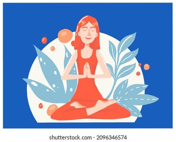 Woman meditating. Relaxing. Lotus position. Yoga practice. Floral ornament. Limited color palette. Meditation. Serene people