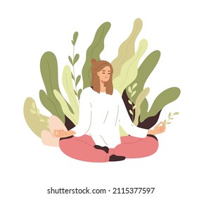 Woman meditating and relaxing in nature. Peaceful person practicing yoga, spiritual meditation in zen lotus pose. Harmony and peace concept. Flat vector illustration isolated on white background