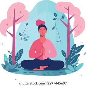 Woman meditating and relaxing in nature. Peaceful person practicing yoga, spiritual meditation in zen lotus pose. Harmony and peace concept. 