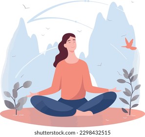 Woman meditating and relaxing in nature. Peaceful person practicing yoga, spiritual meditation in zen lotus pose. Harmony and peace concept. 