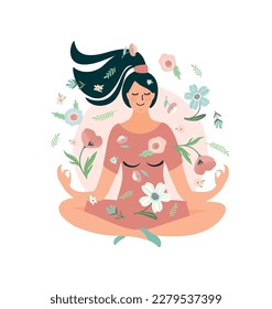 Woman meditating. Self care, self love, harmony. Isolated illustration.