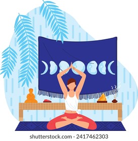 Mujer meditando en una habitación serena con pancarta de la fase lunar. Práctica pacífica del yoga y atención en la ilustración de los vectores domésticos. El concepto de bienestar y relajación, ambiente interior sereno.