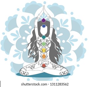 Woman meditating silhouette with 7 symbols of  chakra and mandala on  background, vector - Vetorial