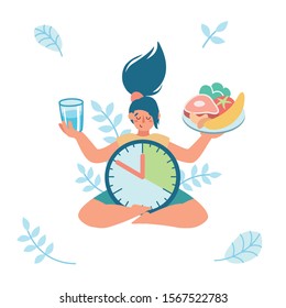 Woman is meditating, sitting in lotus position, holding a plate with healthy food and a glass of water in her hands, waiting for time to eat. Intermittent fasting. Yoga. Patience. 
