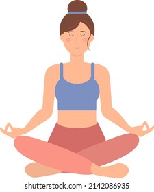 Woman meditating sitting in lotus position vector illustration. Female practicing yoga. Healthy lifestyle concept, balance and harmony.