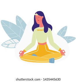 Woman Meditating Sitting in Lotus Posture with Hands on Knees. Outdoor Yoga, Healthy Lifestyle, Relaxation Emotional Balance, Summer Vacation, Harmony with Nature. Cartoon Flat Vector Illustration