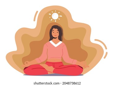 Woman Meditating Sitting in Lotus Posture. Relaxed Female Character Outdoor Yoga Meditation, Zen Practice, Mental Relaxation, Emotional Balance and Harmony with Nature. Cartoon Vector Illustration