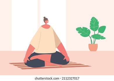 Woman Meditating Sitting in Lotus Posture with Hands Lying on Knees. Indoor Yoga, Healthy Lifestyle, Relaxation Emotional and Life Balance, Harmony with Soul and Mind. Cartoon Vector Illustration