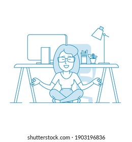 Woman is meditating sitting on the floor with legs crossed in office. Character - woman with a glasses. Calmness and relaxation, relaxation. Stress relief. Illustration in line art style. Vector