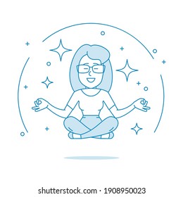 Woman is meditating sitting on the floor with legs crossed. Character - a Woman with a glasses. Calmness and relaxation, relaxation. Stress relief. Illustration in line art style. Vector