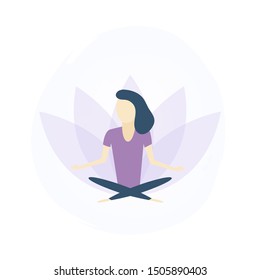 Woman is meditating in sitting position. Yoga, zen, peace. Symbol of lotus flower on the background. The girl sits in the lotus position. Vector illustration