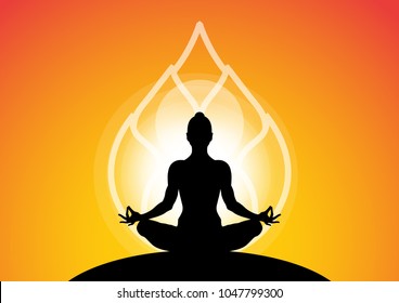 woman meditating in sitting yoga position on the top of a mountains at sunset and lotus background. Zen, meditation, peace, Vector illustrations