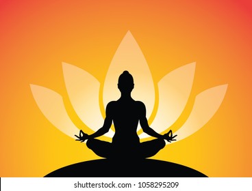 woman meditating in sitting yoga position on the top of a mountains at sunset and lotus background. Zen, meditation, peace, Vector illustrations