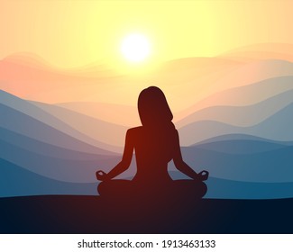 Woman meditating in sitting yoga position on the top of a mountains. Concept illustration for yoga, meditation, relax, recreation, healthy lifestyle.